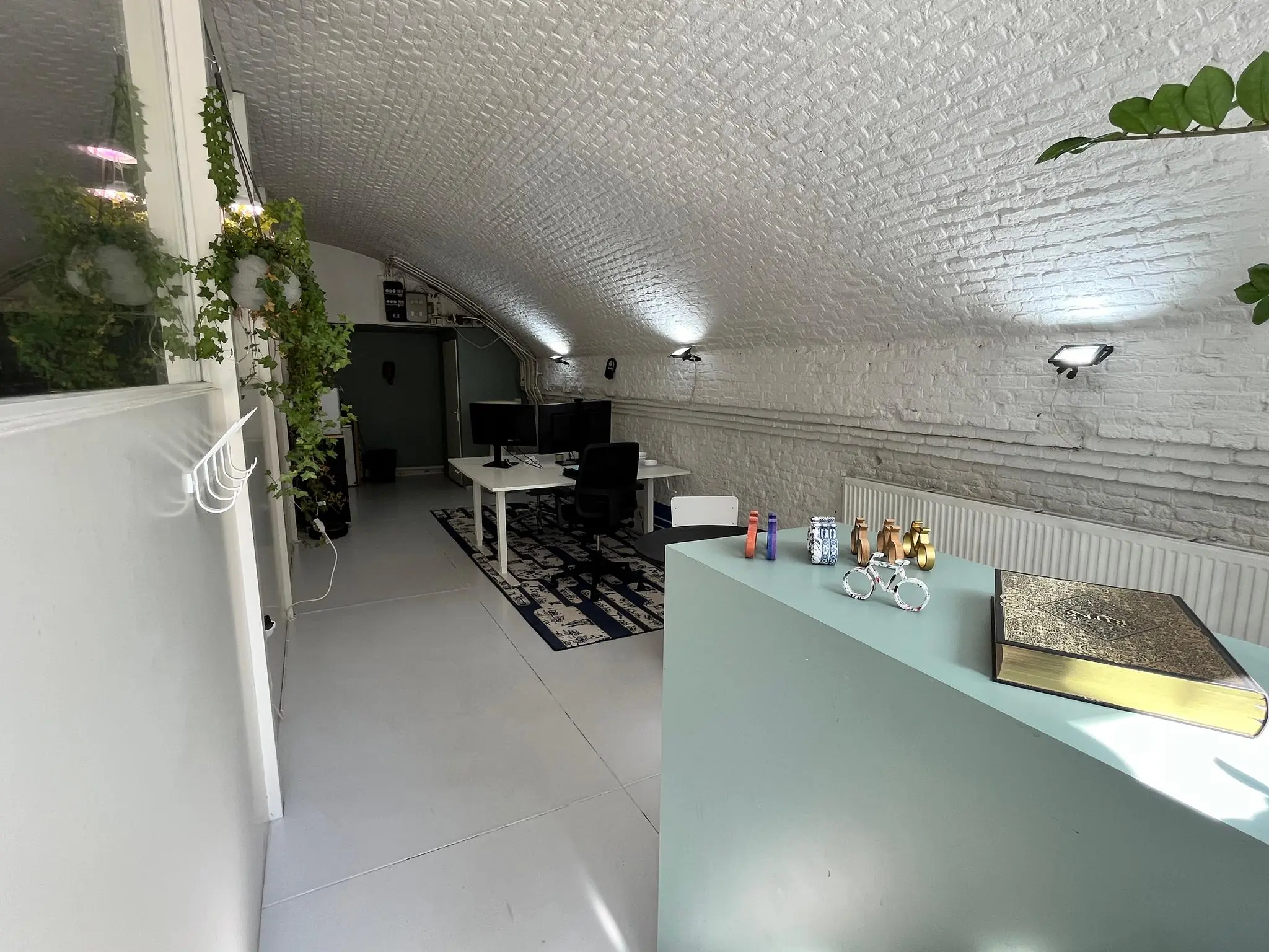 Modern ingerichte werkruimte in een tunnelvormige ruimte met witte bakstenen gewelven en decoratieve elementen op de balie.